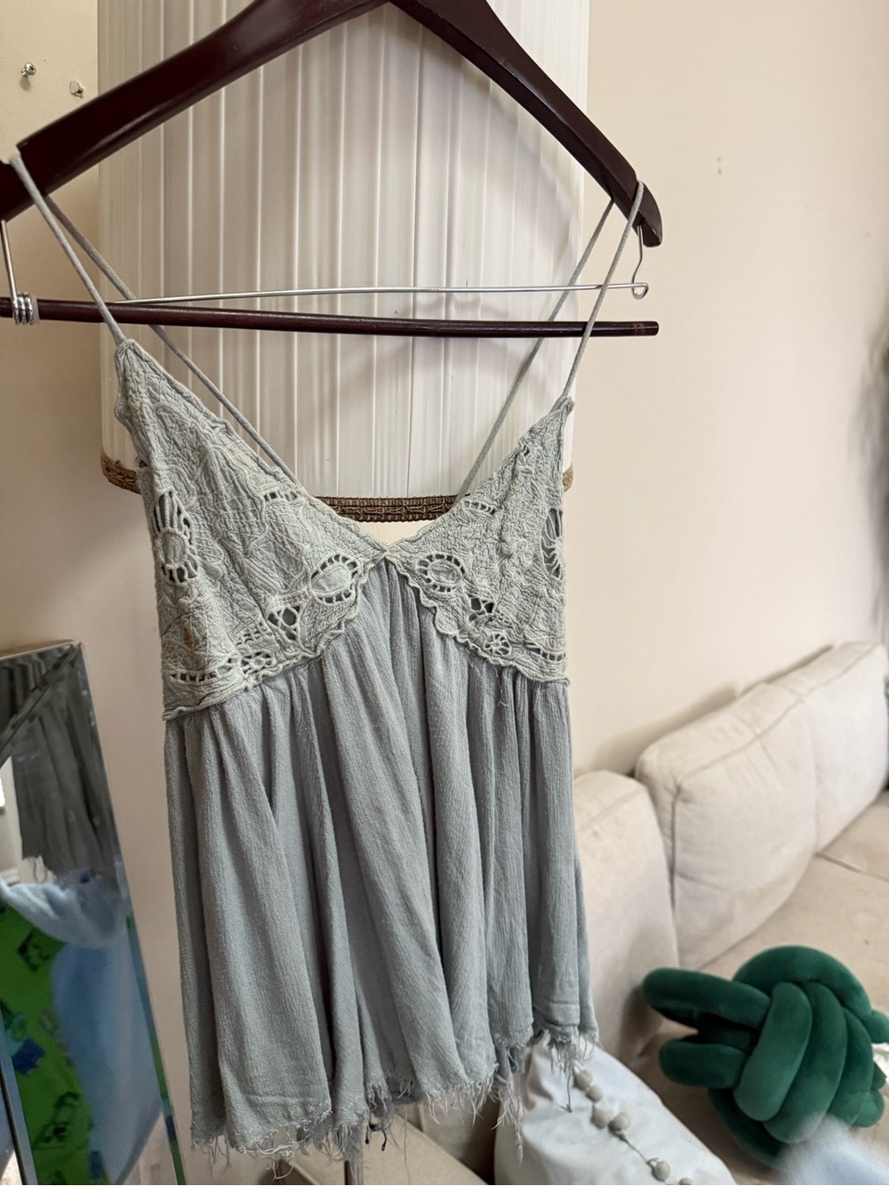 Lace Yoke Spaghetti-Strap Chemise — Light Sage